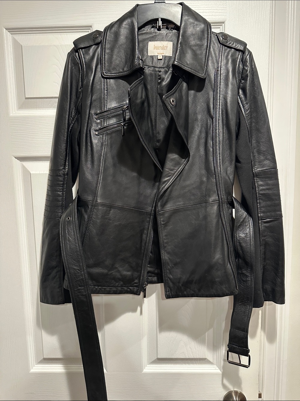 Laundry by Shelli Segal Black Leather Biker Jacket with Belted Waist